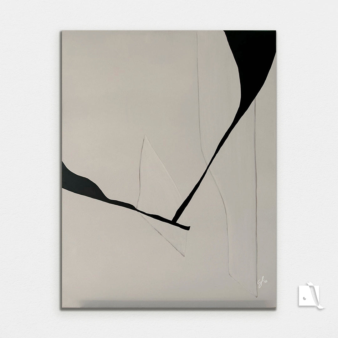 Abstract art piece on canvas with irregular formes, light cream and black