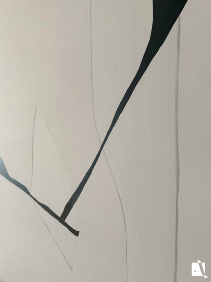 Abstract art piece on canvas with irregular formes, light cream and black