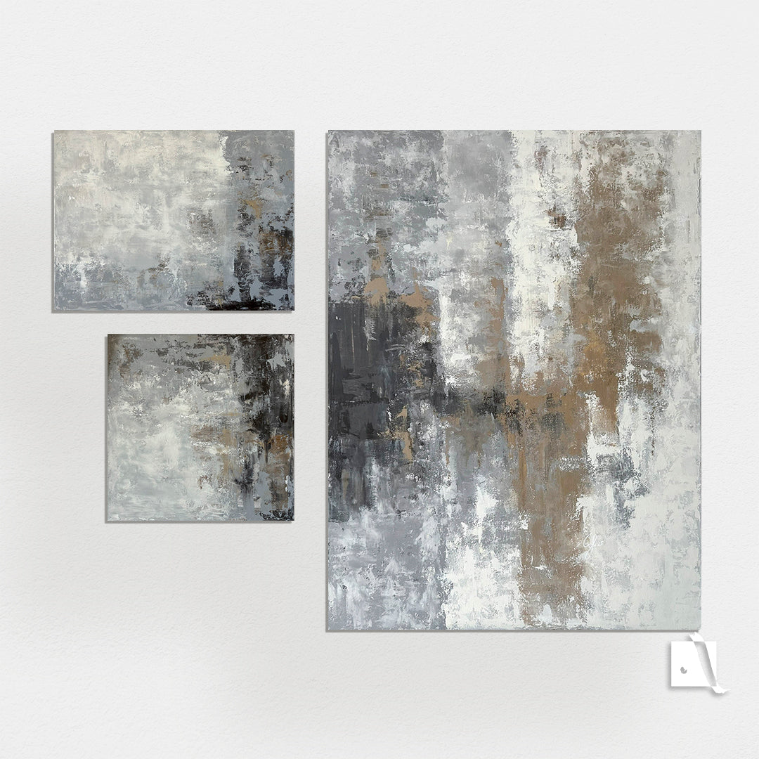 Pictura Abstracta cu acrilic crem-gri-ocru-maro-negru set de 3 bucati dimensiuni mari si mici