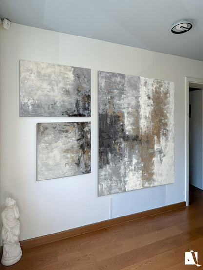 Pictura Abstracta cu acrilic crem-gri-ocru-maro-negru tablou mare set de 3 tablouri