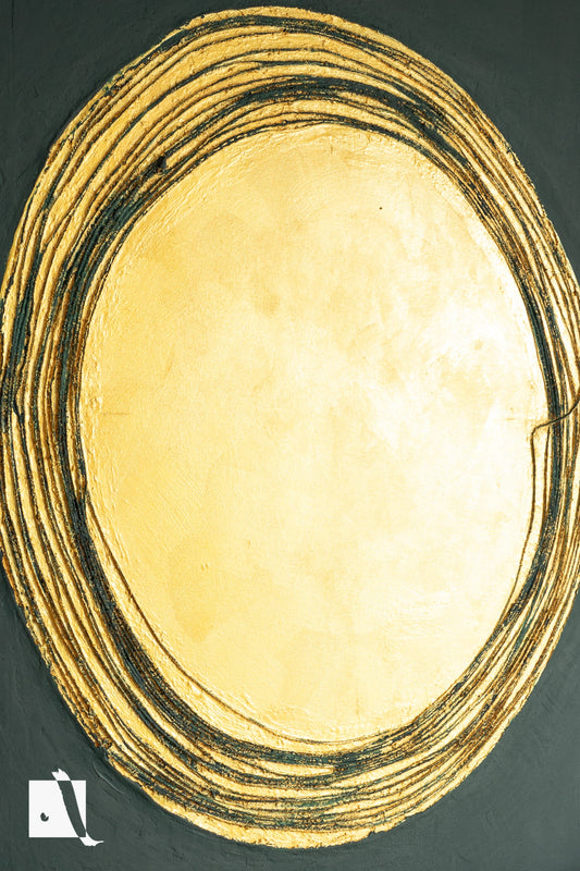 Pictura Decorativa abstracta minimalista realizata manual in relief tematica soare cu fundal verde inchis si soare cu auriu