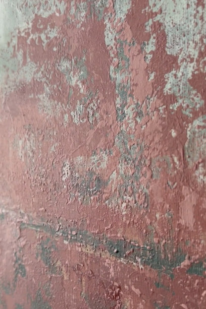 Pictura Decorativa in relief in acrilic in stil abstract rosu verde crem detaliu