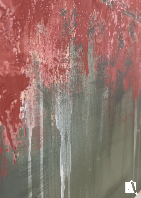 Pictura Decorativa in relief in acrilic in stil abstract rosu verde crem detaliu