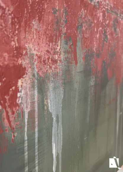 Pictura Decorativa in relief in acrilic in stil abstract rosu verde crem detaliu