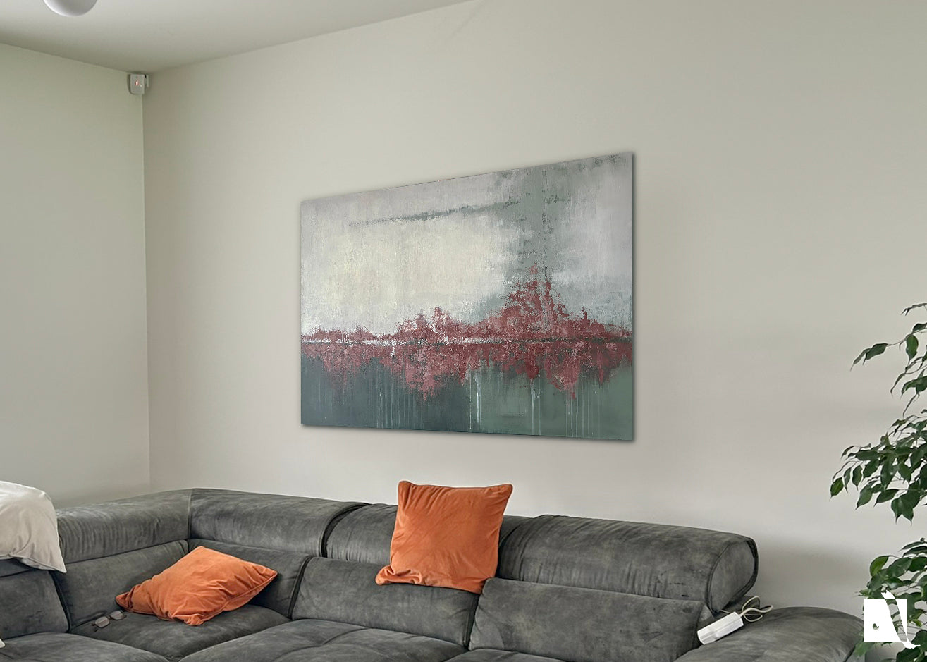 Pictura Decorativa in relief in acrilic in stil abstract rosu verde crem