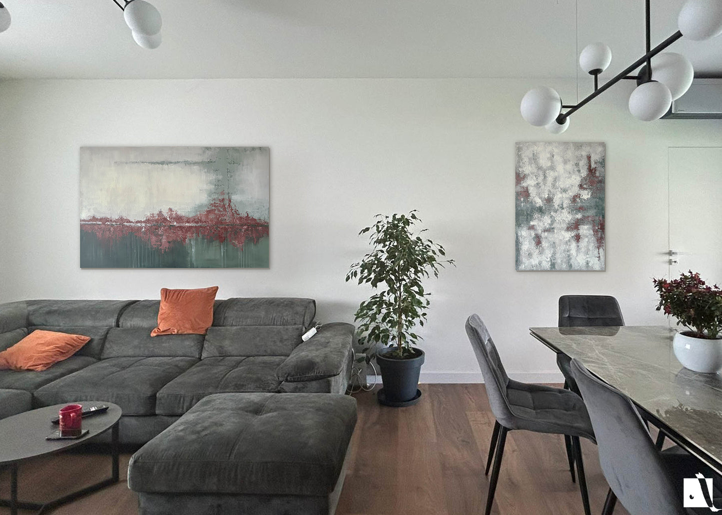 Pictura Decorativa in relief in acrilic in stil abstract rosu verde crem