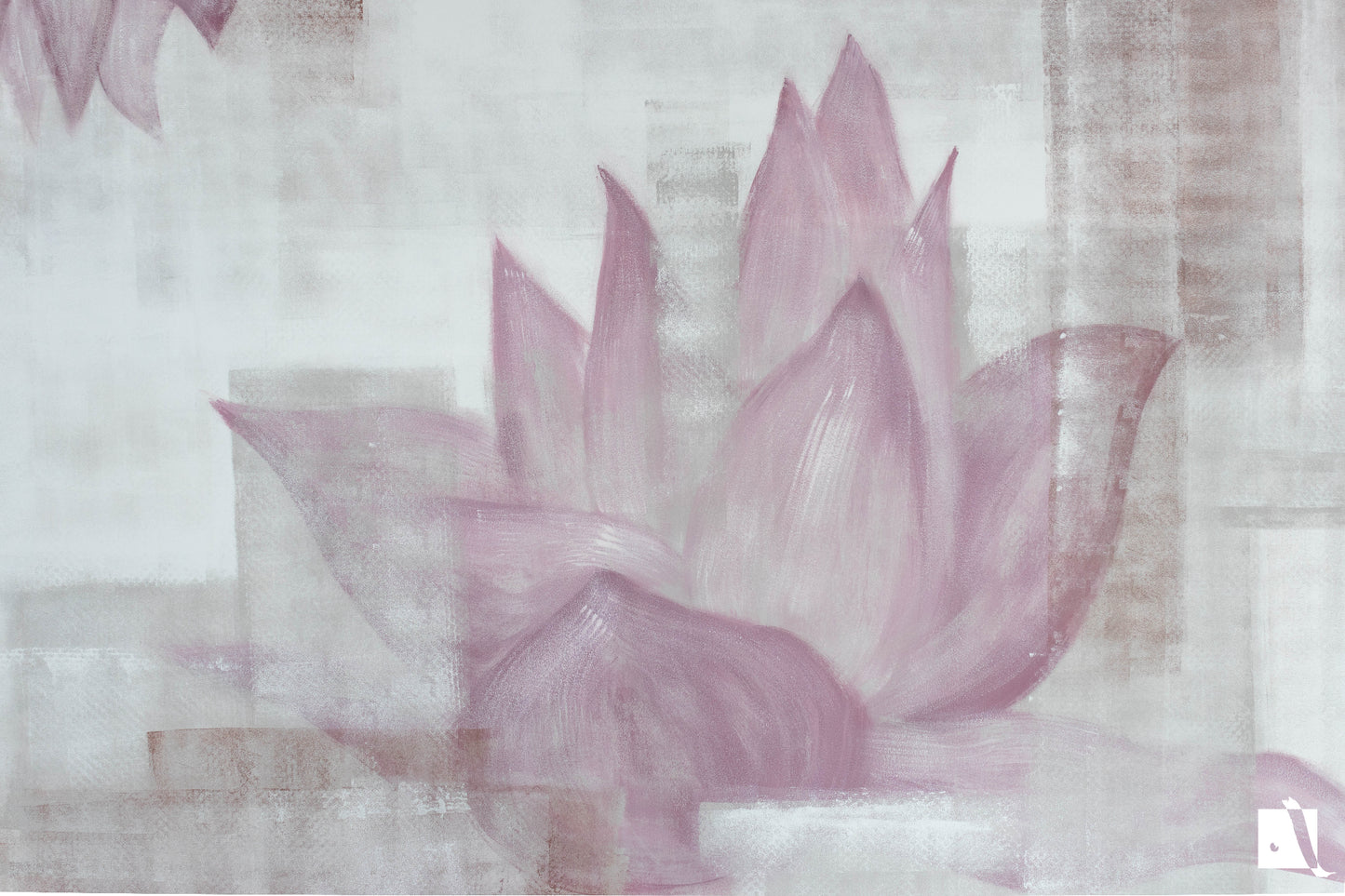 Pictura Murala abstracta cu florid e lotus si forme rectangulare decorative cu alb gri maro si roz 