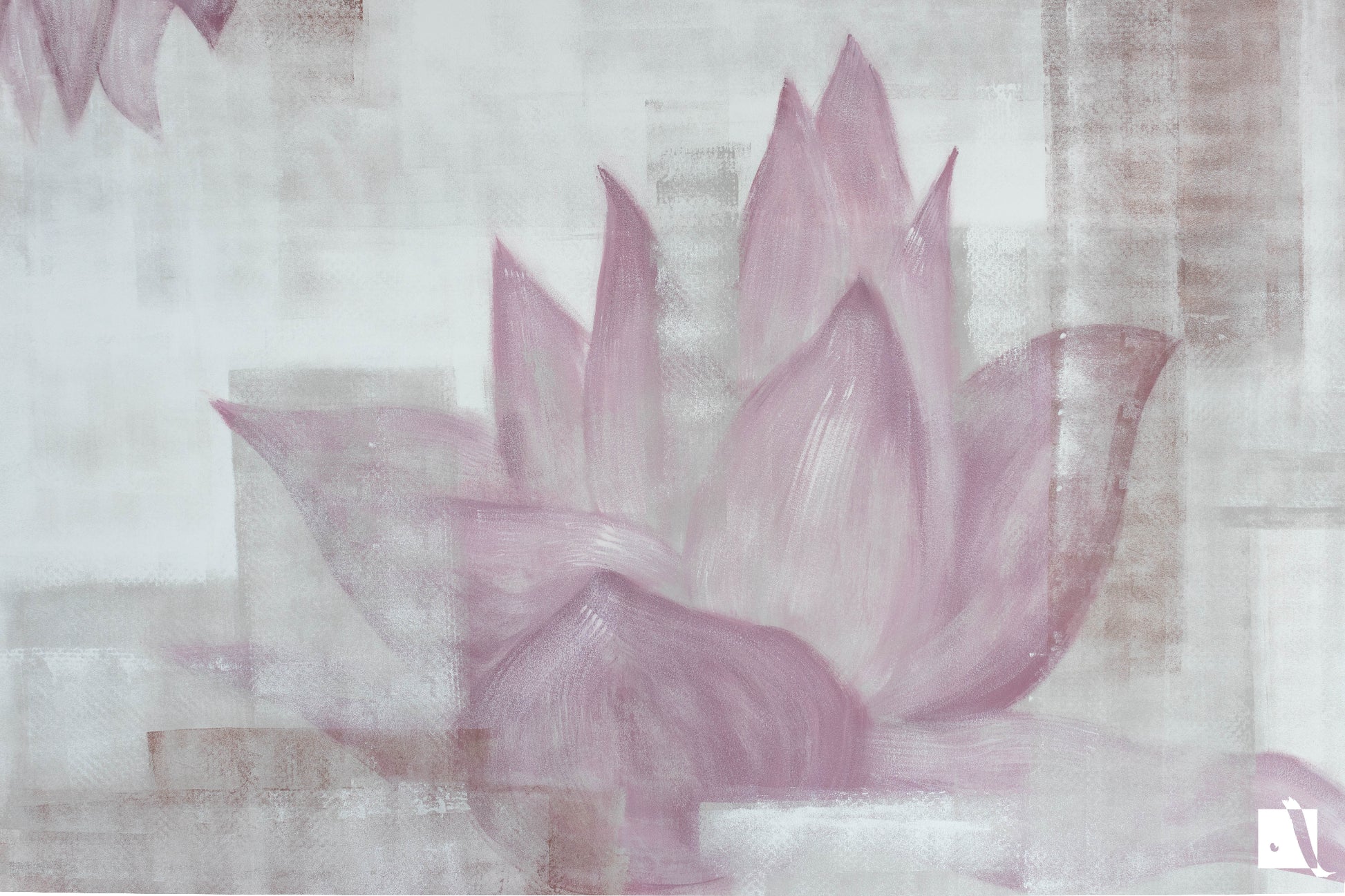 Pictura Murala abstracta cu florid e lotus si forme rectangulare decorative cu alb gri maro si roz 