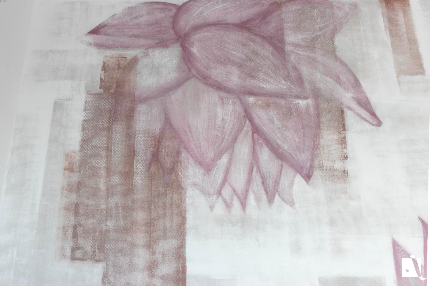 Pictura Murala abstracta cu florid e lotus si forme rectangulare decorative cu alb gri maro si roz detaliu floare 2