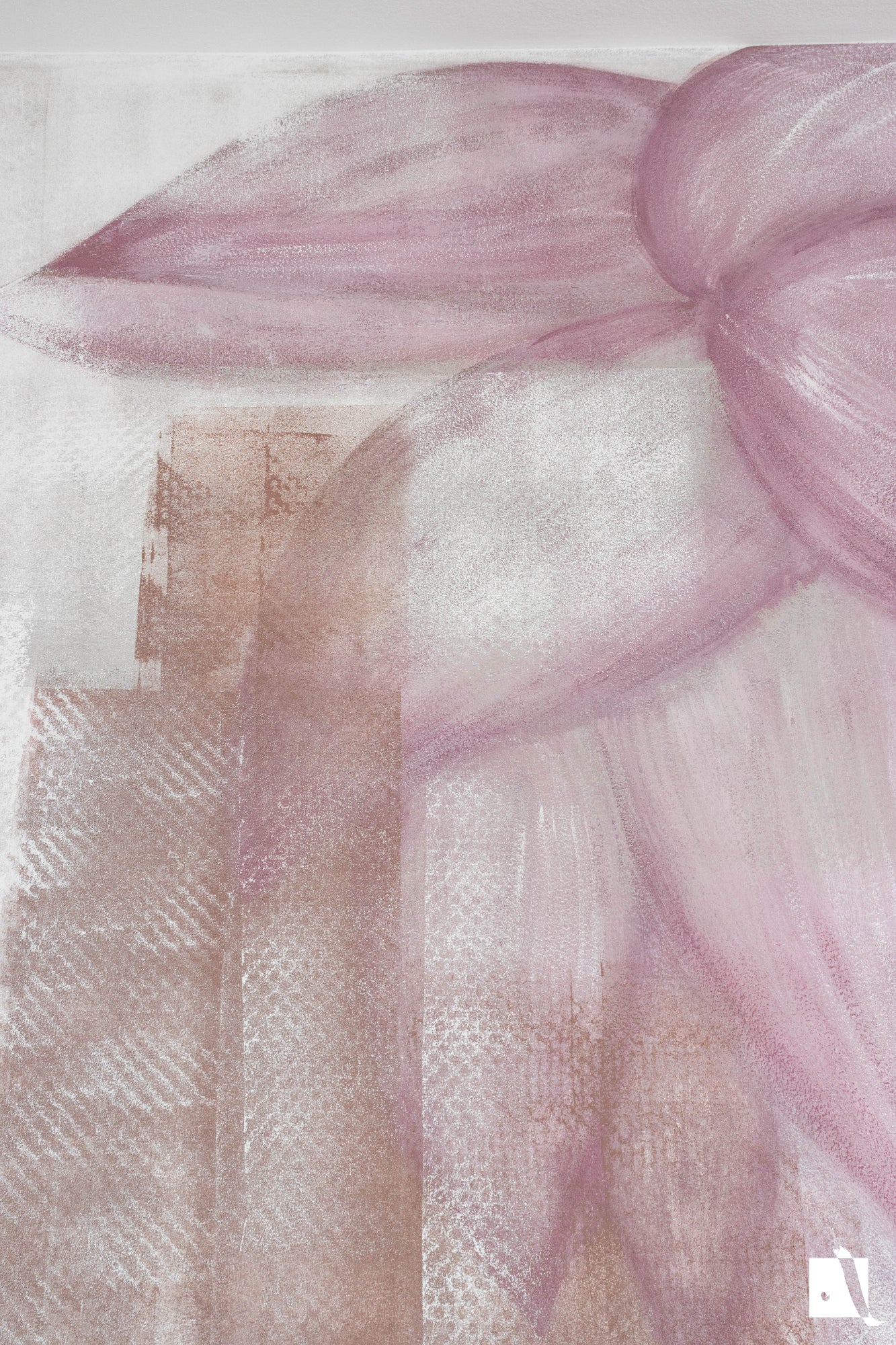 Pictura Murala abstracta cu florid e lotus si forme rectangulare decorative cu alb gri maro si roz detaliu floare 2