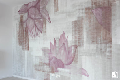 Pictura Murala abstracta cu florid e lotus si forme rectangulare decorative cu alb gri maro si roz vedere laterala dreapta