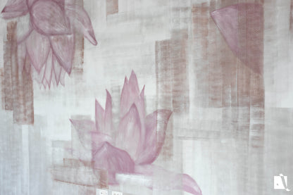 Pictura Murala abstracta cu florid e lotus si forme rectangulare decorative cu alb gri maro si roz vedere laterala dreapta