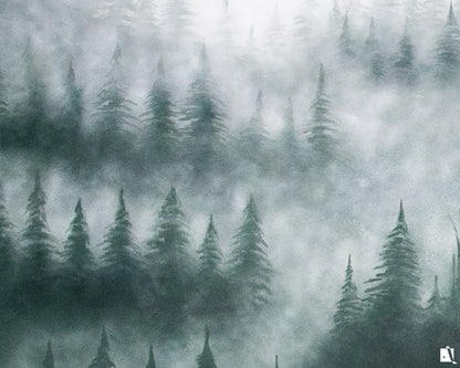 Pictura Murala cu Peisaj Munti cu padure de brazi verde cu gri detaliu