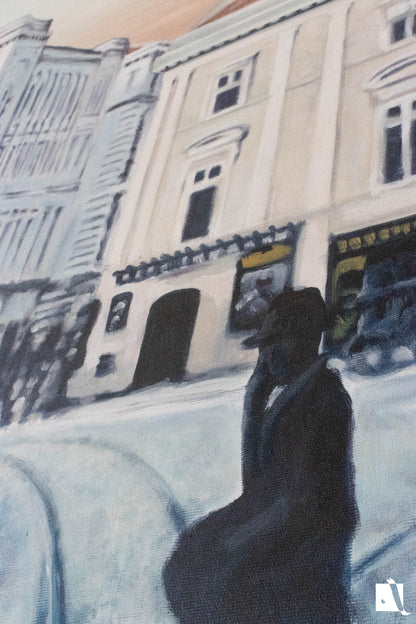 Pictura Peisaj Urban Timisoara Vintage Piata sf Gheorghe dupa o poza veche in stil realist cu vopsea acrilica realizata manual detaliu cladire