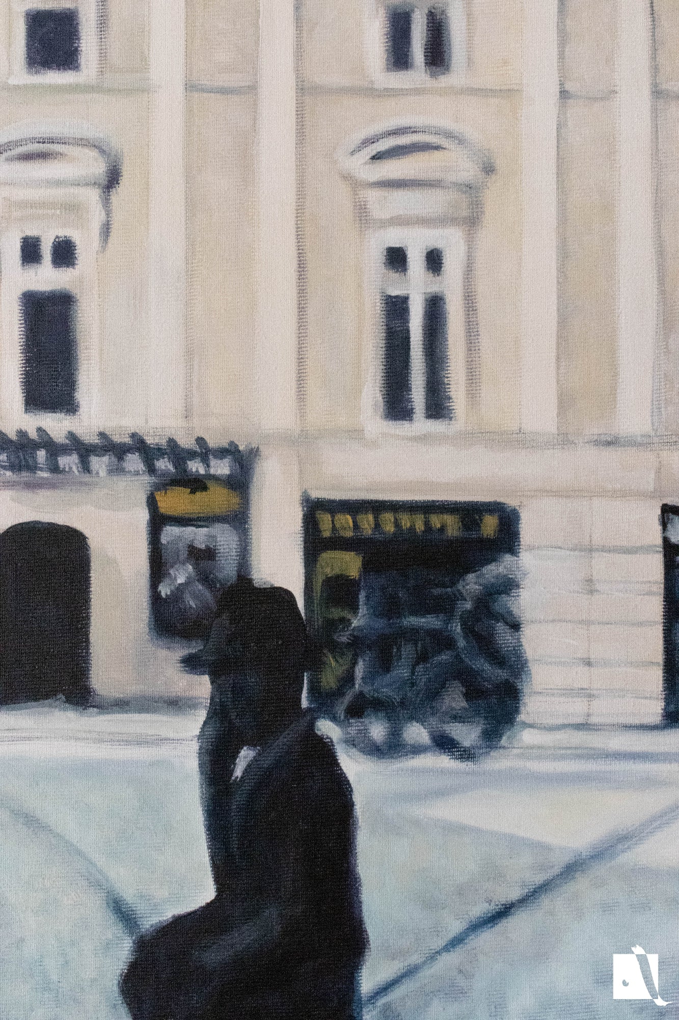Pictura Peisaj Urban Timisoara Vintage Piata sf Gheorghe dupa o poza veche in stil realist cu vopsea acrilica realizata manual detaliu cladire