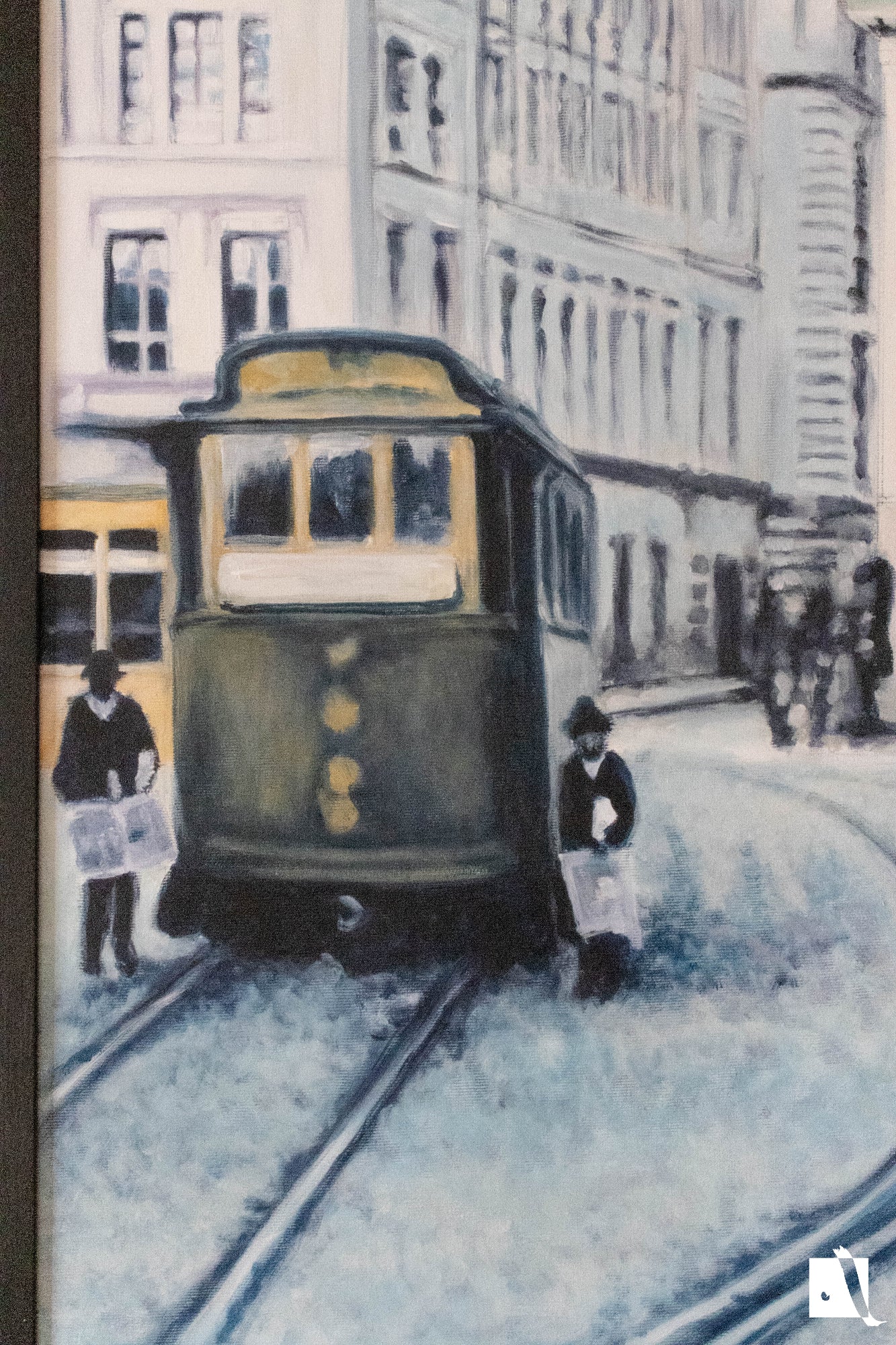 Pictura Peisaj Urban Timisoara Vintage Piata sf Gheorghe dupa o poza veche in stil realist cu vopsea acrilica realizata manual detaliu tramvai vechi