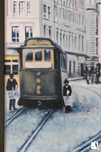 Pictura Peisaj Urban Timisoara Vintage Piata sf Gheorghe dupa o poza veche in stil realist cu vopsea acrilica realizata manual detaliu tramvai vechi