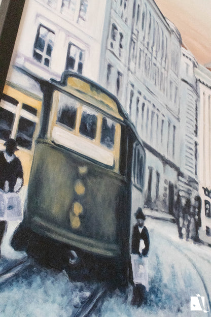 Pictura Peisaj Urban Timisoara Vintage Piata sf Gheorghe dupa o poza veche in stil realist cu vopsea acrilica realizata manual detaliu tramvai vedere laterala