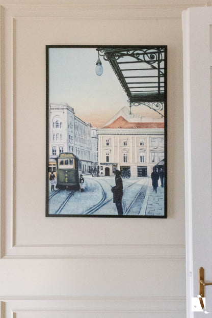 Pictura Peisaj Urban Timisoara Vintage Piata sf Gheorghe dupa o poza veche in stil realist cu vopsea acrilica realizata manual plasat in context de amenajare classic 