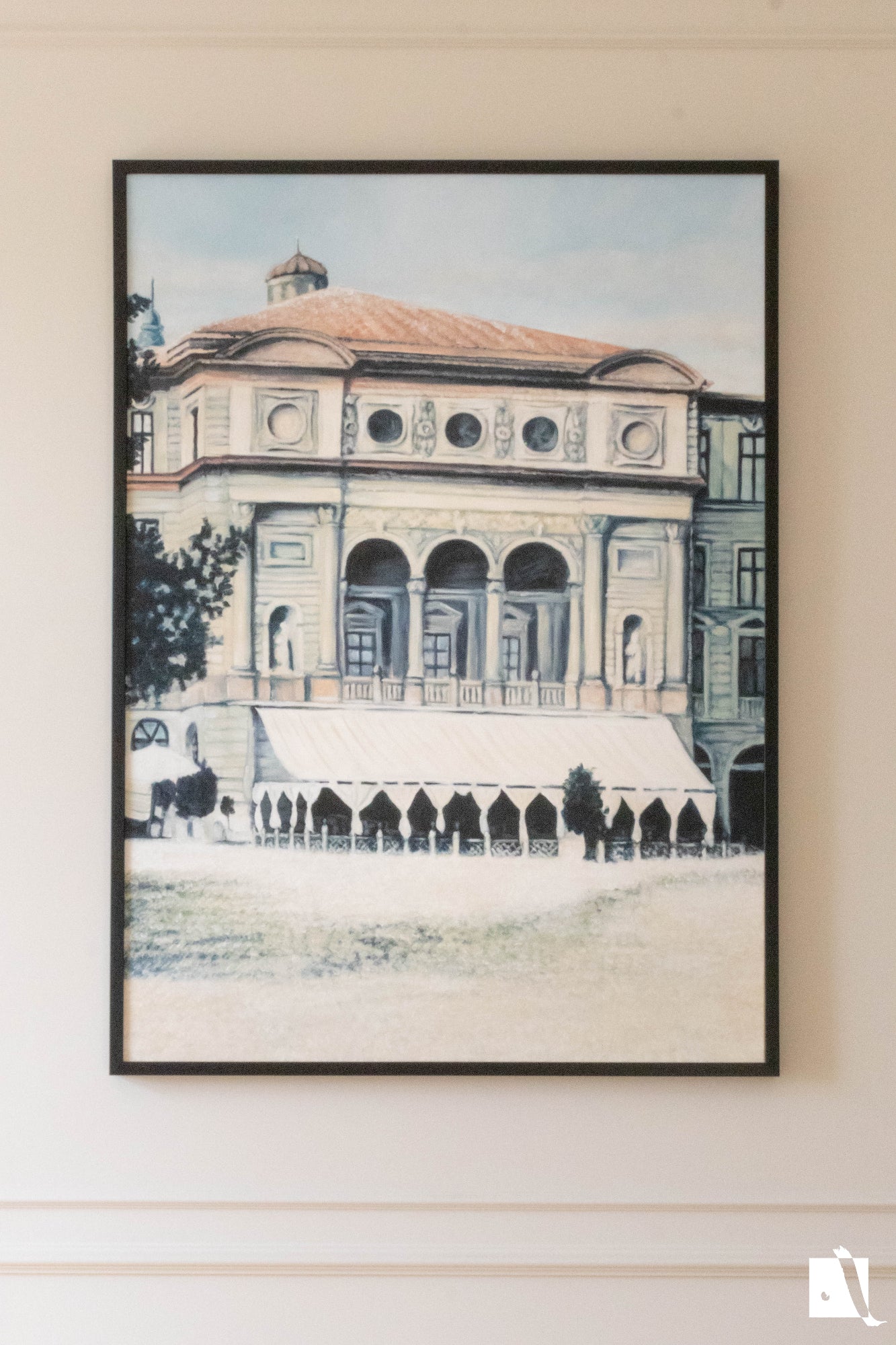 Pictura Peisaj Urban cladire veche a operei national romane din timisoara in stil realist cu vopsea acrilica