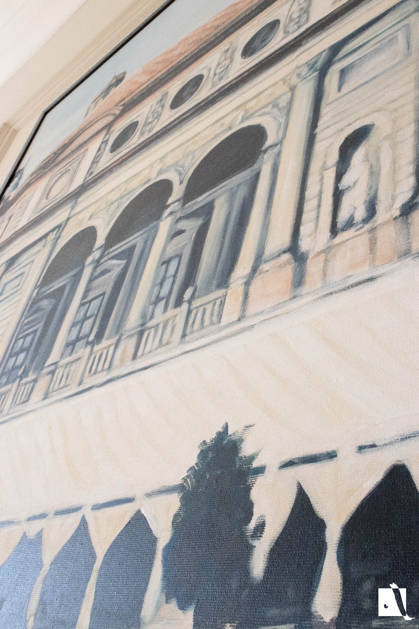 Pictura Peisaj Urban cladire veche a operei national romane din timisoara in stil realist cu vopsea acrilica detaliu 