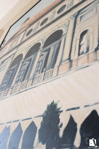 Pictura Peisaj Urban cladire veche a operei national romane din timisoara in stil realist cu vopsea acrilica detaliu 