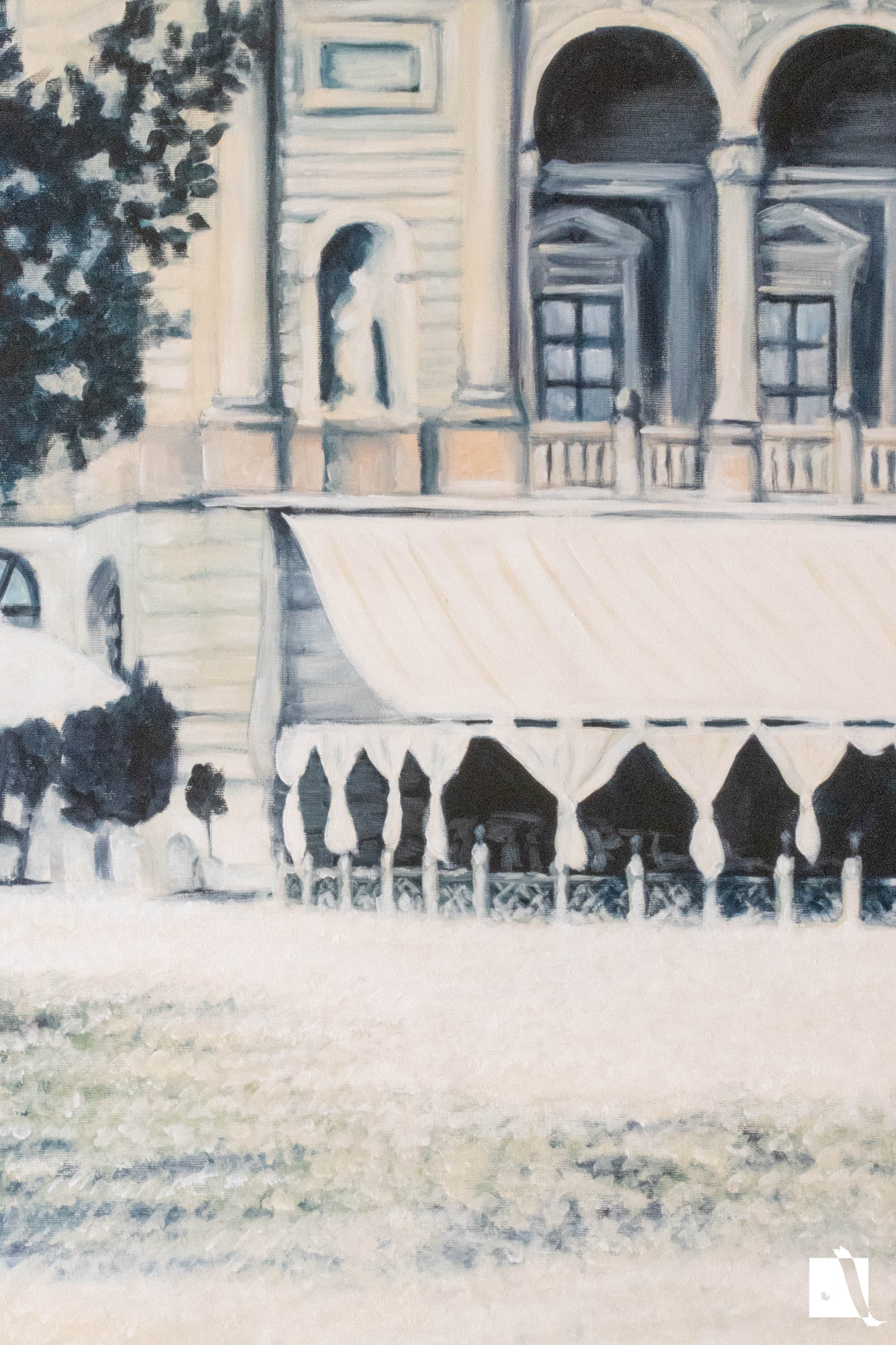 Pictura Peisaj Urban cladire veche a operei national romane din timisoara in stil realist cu vopsea acrilica detaliu intrare