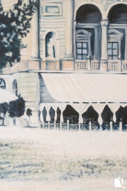 Pictura Peisaj Urban cladire veche a operei national romane din timisoara in stil realist cu vopsea acrilica detaliu intrare