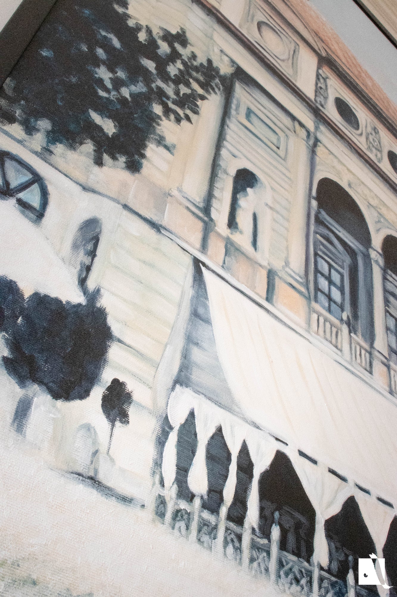 Pictura Peisaj Urban cladire veche a operei national romane din timisoara in stil realist cu vopsea acrilica detaliu intrare
