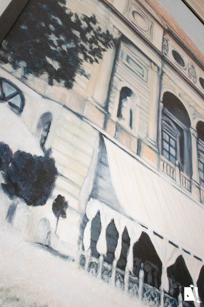 Pictura Peisaj Urban cladire veche a operei national romane din timisoara in stil realist cu vopsea acrilica detaliu intrare