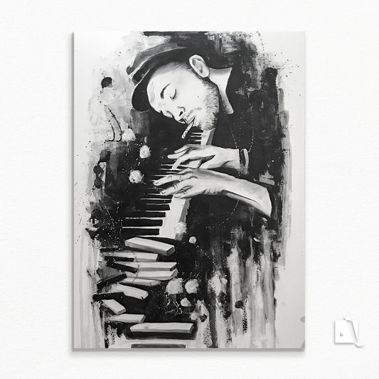 Pictura figurativa pianist cu tigara, alb negru, abstract in acrilic