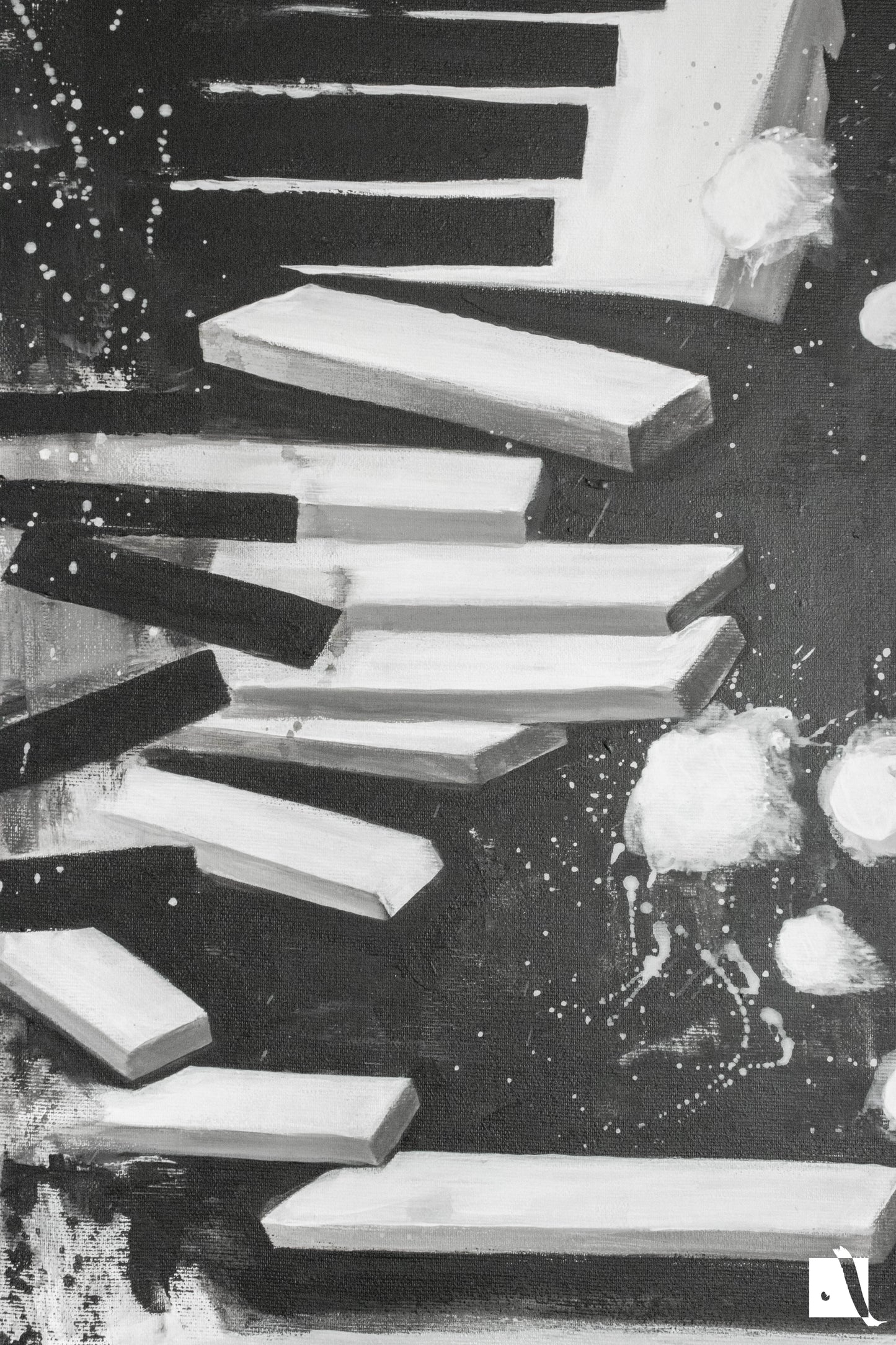 Pictura figurativa pianist cu tigara, alb negru, abstract in acrilic