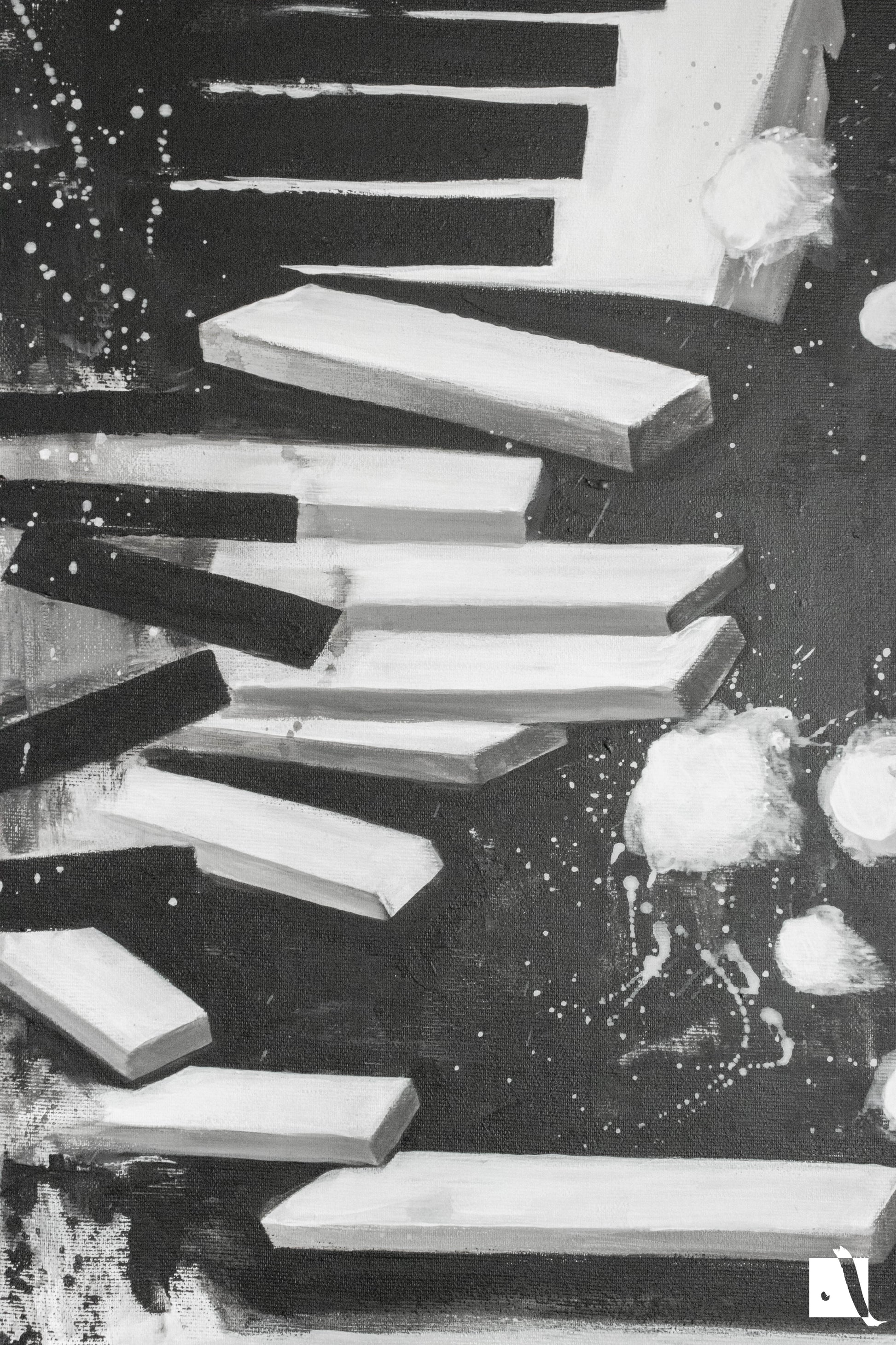 Pictura figurativa pianist cu tigara, alb negru, abstract in acrilic