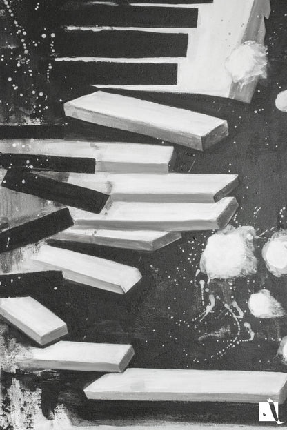 Pictura figurativa pianist cu tigara, alb negru, abstract in acrilic