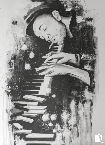 Pictura figurativa pianist cu tigara, alb negru, abstract in acrilic