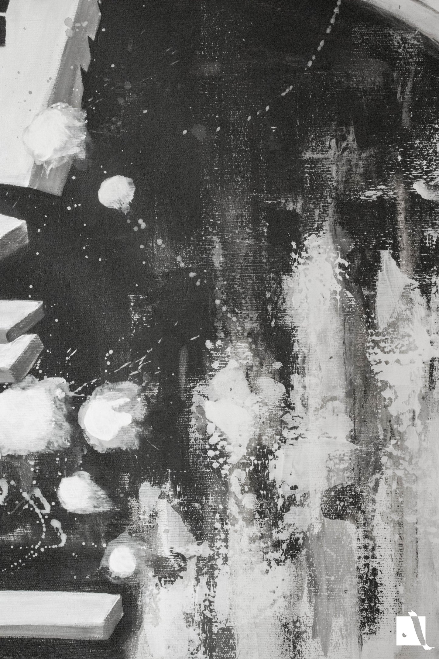 Pictura figurativa pianist cu tigara, alb negru, abstract in acrilic