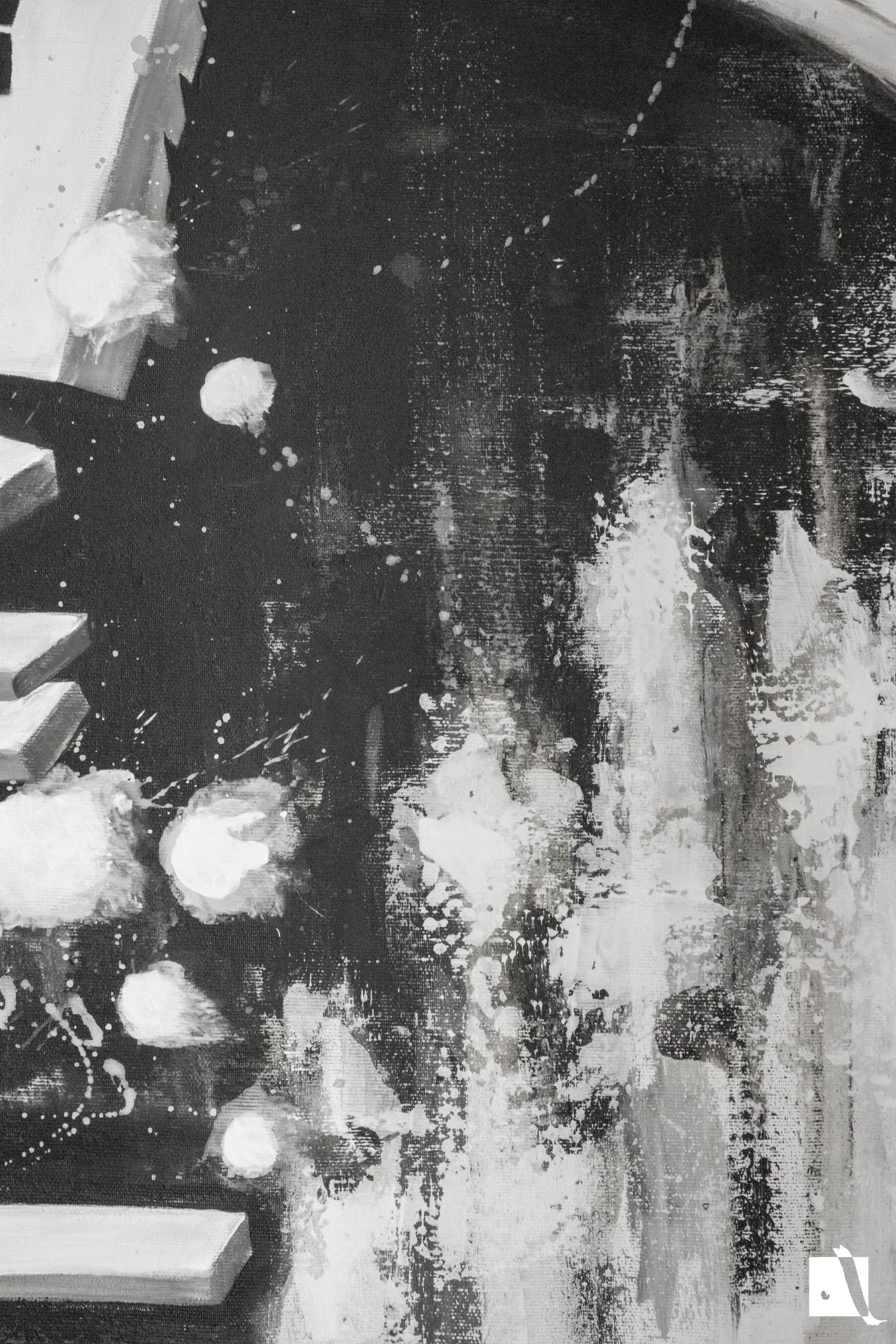 Pictura figurativa pianist cu tigara, alb negru, abstract in acrilic