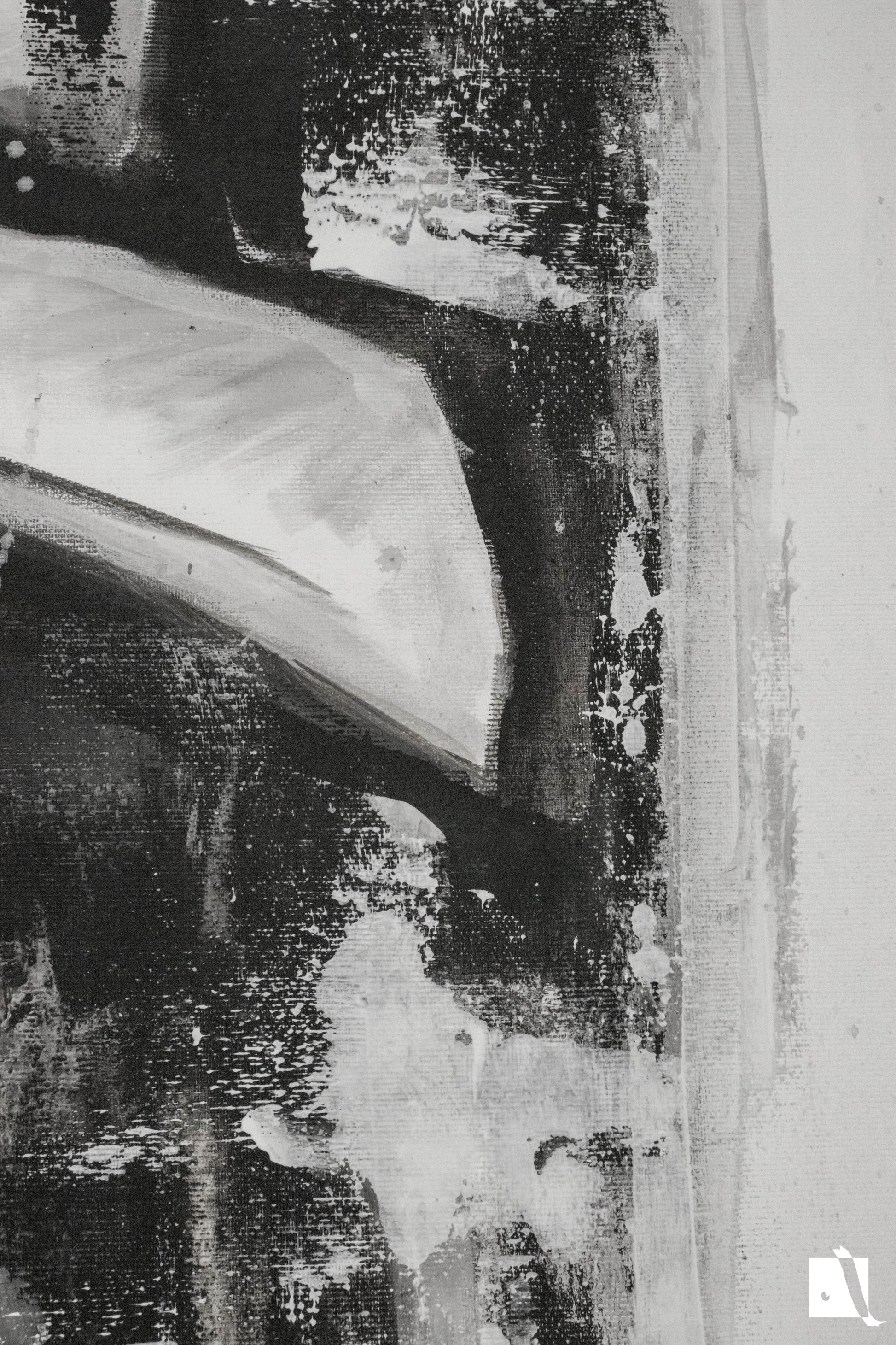 Pictura figurativa pianist cu tigara, alb negru, abstract in acrilic