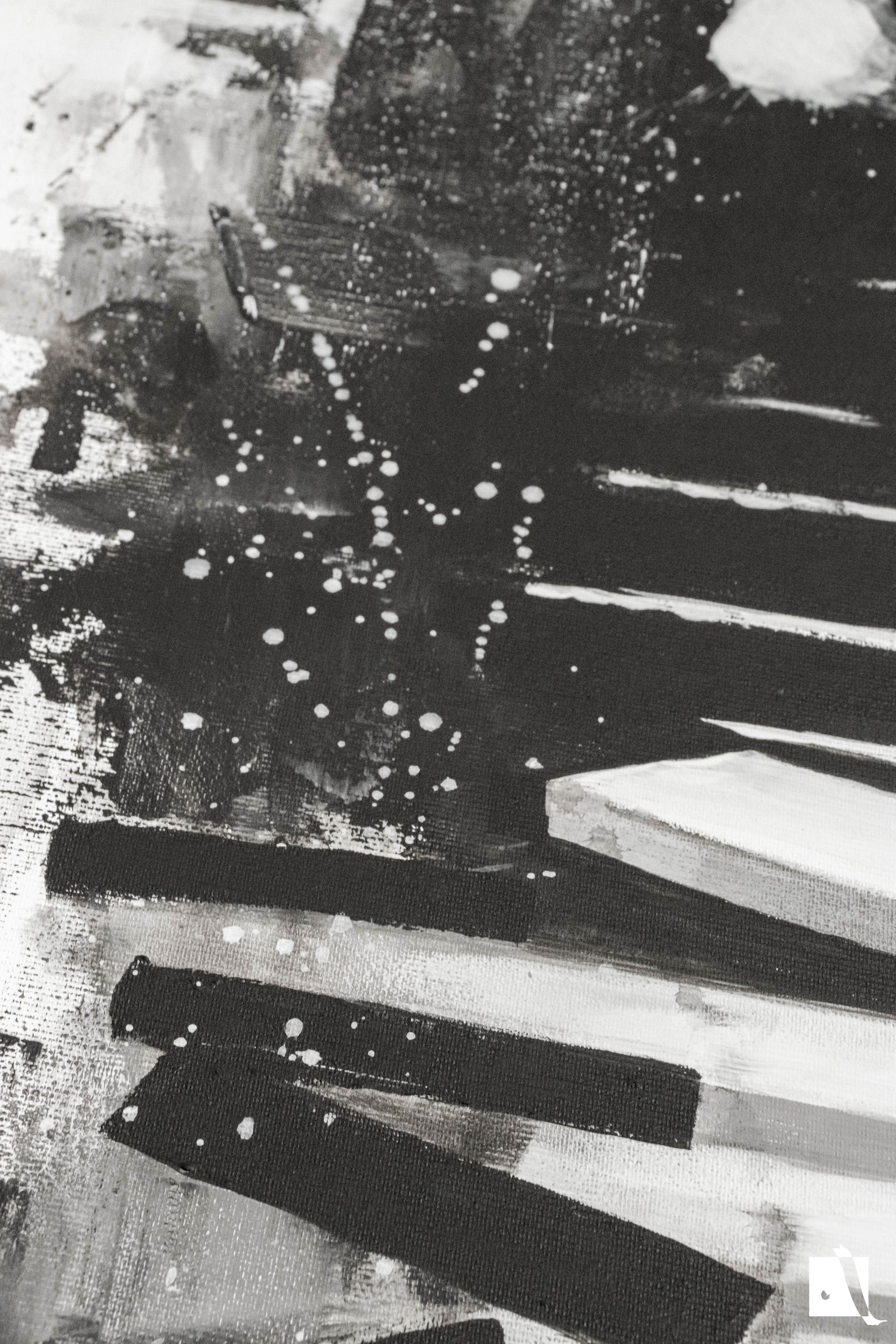 Pictura figurativa pianist cu tigara, alb negru, abstract in acrilic