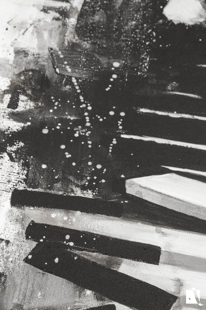 Pictura figurativa pianist cu tigara, alb negru, abstract in acrilic