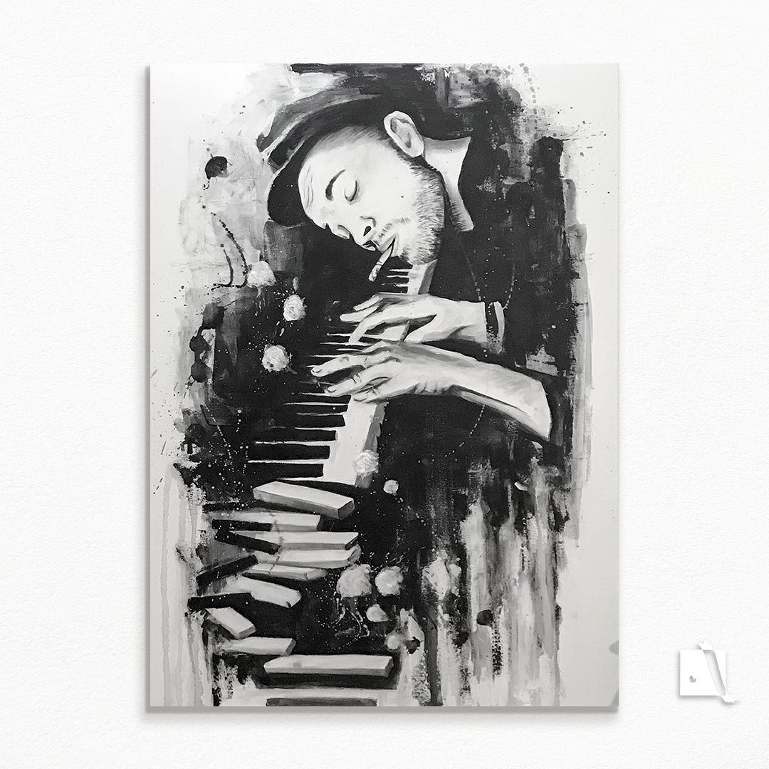 Pictura pictata manual figurativa pianist cu tigara, alb negru, abstract in acrilic