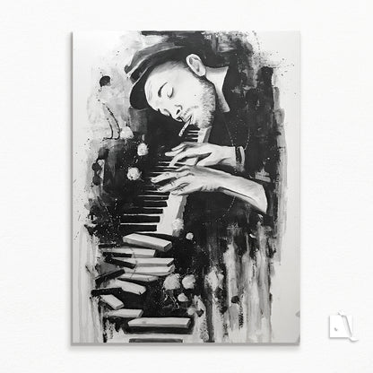 Pictura pictata manual figurativa pianist cu tigara, alb negru, abstract in acrilic