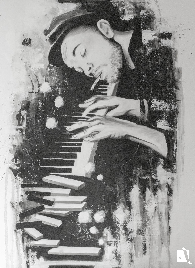 Pictura figurativa pianist cu tigara, alb negru, abstract in acrilic