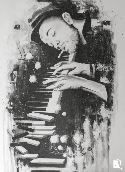 Pictura figurativa pianist cu tigara, alb negru, abstract in acrilic