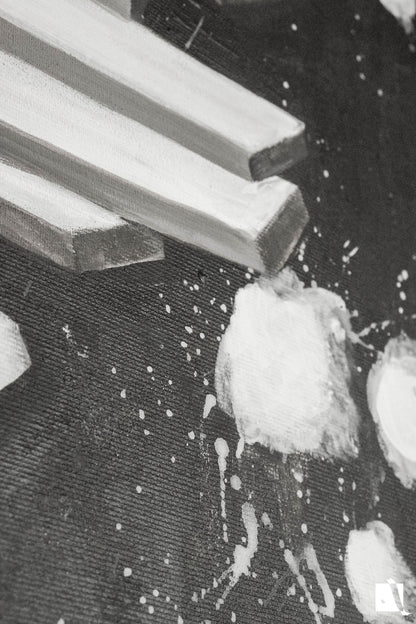 Pictura figurativa pianist cu tigara, alb negru, abstract in acrilic