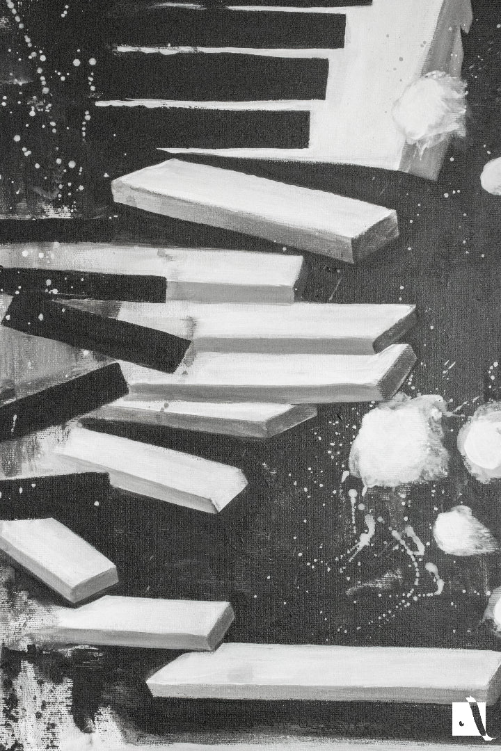 Pictura figurativa pianist cu tigara, alb negru, abstract in acrilic