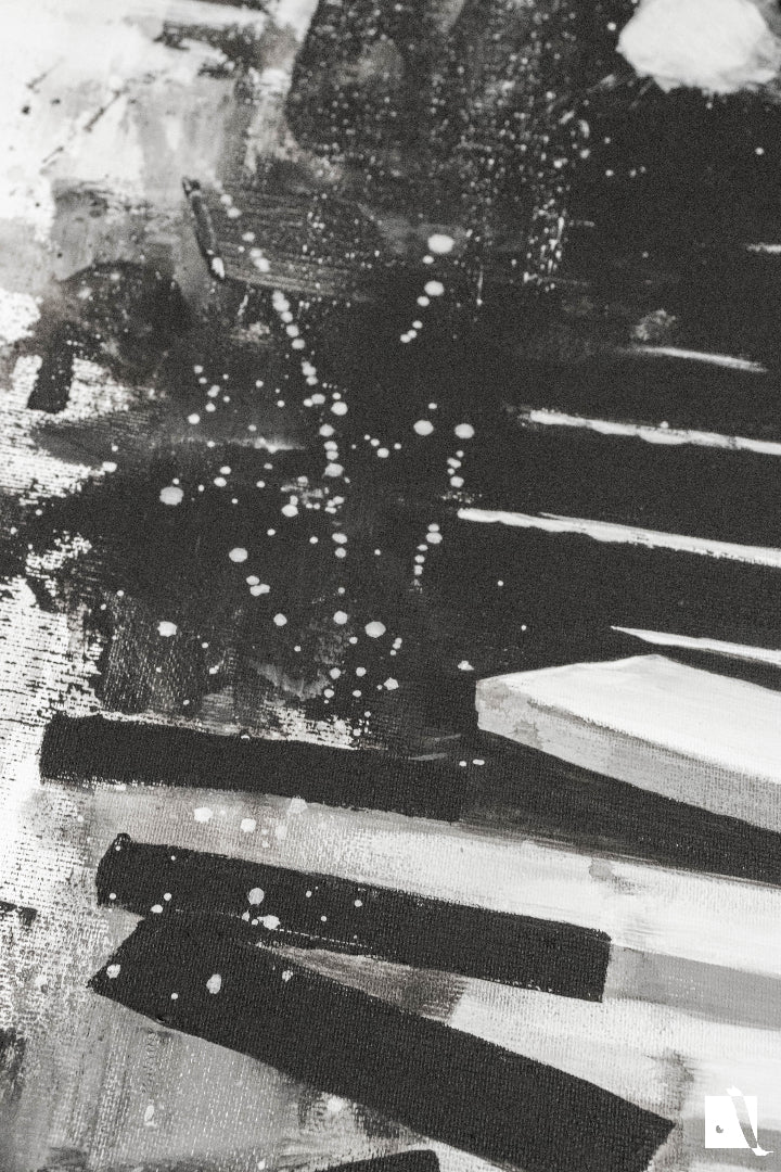 Pictura figurativa pianist cu tigara, alb negru, abstract in acrilic