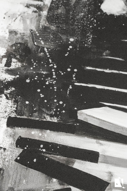 Pictura figurativa pianist cu tigara, alb negru, abstract in acrilic