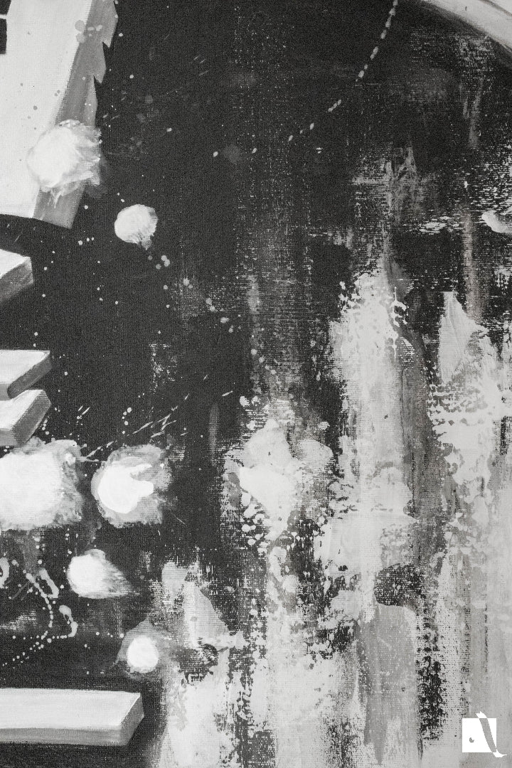 Pictura figurativa pianist cu tigara, alb negru, abstract in acrilic