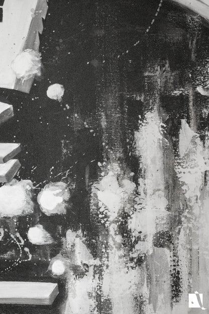 Pictura figurativa pianist cu tigara, alb negru, abstract in acrilic